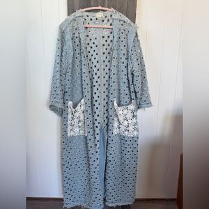 POL Crochet Denim Duster Kimono Light Blue Pockets Boho – Small NWOT